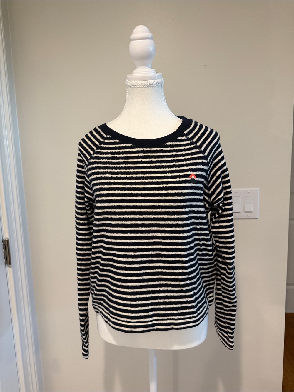 Sonia Rykiel Navy and White Striped Knit Top with Small Red Accent